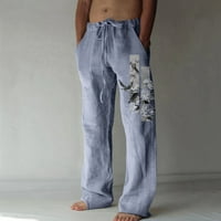 Mchoice Mens Pants Лятна есен памук и бельо с широки крака панталони птици отпечатани спортни панталони с джобове с джобове