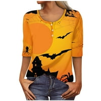 Хелоуин ризи за жени Дамски есенни модни дами Хелоуин печат три четвърт ръкав бутон яка Най-високо тениска долна риза оранжево l