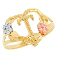 Jackani 10K многотонен златен диамант нарязана флорална буква Първоначален сър сърце пръстен