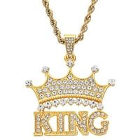 Мъжки 14k златно покритие Хип -хоп CZ напълно леден крал корона висулка колие, злато