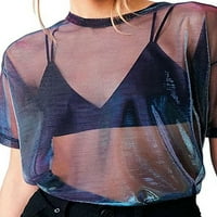 Springcmy жени прозрачни върхове за изрязване с къси ръкави тениска блуза върхове