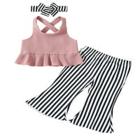 Kelajuan Infant Girls Summer Clothes Suits Solid Color Ribbed Leeveless Ruffles Tank Tops Stripe Flare Pant