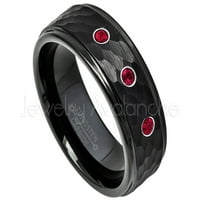 Забит черен волфрамов пръстен - 0.21ctw Ruby 3 -каменна лента - Персонализиран волфрам сватбен пръстен - Персонализиран юли Роден камък пръстен TN614BS