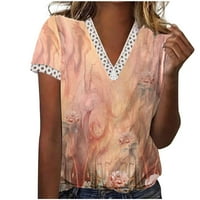 Hfyihgf дамски флорални ризи за печат модна лятна плетене на една кука дантелена тапицерия с тениска с v-образно деколте плюс размер небрежен свободен къс ръкав блуза върхове оранжево xl