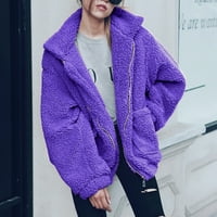 Набиране на трапчиви жени модно ежедневно яке зимно топло палто плюшено хлабаво яке с цип лилаво лилаво