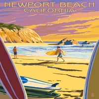 Нюпорт Бийч, Калифорния, сърфисти по залез слънце