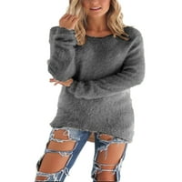 Niuer жени пуловер зимен топъл пуловер с дълъг ръкав джъмпер върхове тормози плътни плътни цветове сив xl