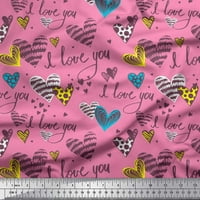 Soimoi Pink Rayon Fabric Heart & обичам ви текст за печат на текст до двора широк