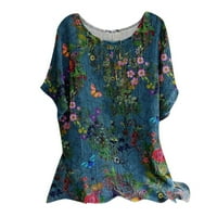 Дамски блузи блуза флорални къси ръкав ежедневни жени плюс ризи кръгло деколте летни върхове сини m