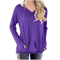 ABSUYY Суичърс за жени свободни годни за големи тениски небрежни с джобове със солиден цвят v шия блуза с дълъг ръкав лилав размер 3xl