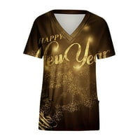 Qiaocaity жени с къси ръкави с v-образно деколте, униформа щастлива нова година отпечатани джобове блуза сестри се кърма злато 2xl