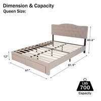 Рамка за легло с размер на Queen с регулируемо чекмедже за съхранение, изпъстрено с тапицерия на платформата, сиво