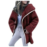 Hfyihgf дамски есен зимен топло плюшено палто с качулка с дълъг ръкав цип нагоре дебел пухкав флис жилетка яке （вино, 3xl)
