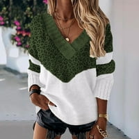Запални пуловери с дълъг ръкав за жени, големи размери v кабел за шия плетен есен зимен пуловер джъмпер зелено xxl