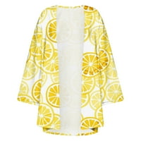 Дамски шифон лятния жилетка плодове принт плаж ежедневни блузи върхове кимоно ръкав пролетен ръкав покрийте падането на свободен отворен преден жилетка жълт xxl