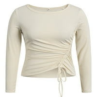 GVMFive Женски ежедневни кръгли върхове за дълги ръкави с теглене на твърди цветни блузи ризи ризи
