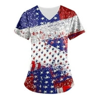 Sksloeg Scrub Tops за жени Американски флаг печат V-образно облекло с ризи с джобове Сестрински работеща униформа, небесно син XXL