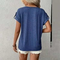 Hanas женски топ мода лято жени лятна мода ежедневен солиден цвят v шия разхлабена памучна памучна тениска с къс ръкав отгоре сини xxxxxl