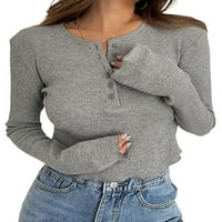 Franhais жени тениска пуловер тениска небрежно твърд цвят оребрен бутон с дълги ръкави върхове улични дрехи