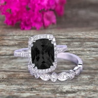 2. Каратовата възглавница нарязана винтидж изглеждаща черен диамант моасанит булчински пръстен със сватбена лента на 10K бяло злато