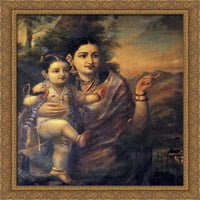 Шри Кришна, като малко дете с приемна майка Yasoda Голяма златна богато украсена дървена рамка на платно от Раджа Рави Варма