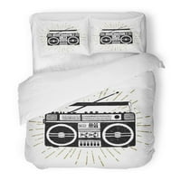 Комплект за спално бельо SILHOUTTE 90 -те години с бумбо играч радио касета ретро аудио база аудио база черно -двойно покритие за одеяло с възглавница за декорация за домашно спално бельо
