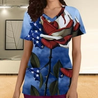 Dyegold летни върхове за жени модерни, летни патриотични ексфолианти Топс за жени Американски флаг тениска v Врат късо ръкав Блуза Разхлабена работа Сестрински туники