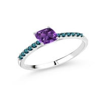 Gem Stone King 0. CT възглавница лилаво аметист син диамант 10K бял златен пръстен