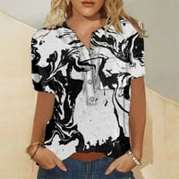 Дамски летни върхове къси ръкави жени блуза ежедневни графични отпечатъци Хенли ризи черни 3XL