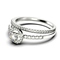 Ослепителен минималистичен 1. Катар кръгъл диамант Мосанит годежен пръстен, сватбен пръстен, една съвпадаща лента в 10K твърдо бяло злато, подарък за нея, сребро, ореол булчински пръстен, обещайте пръстен