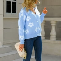 Buigttklop без граници пуловери за жени клирънс плюс размер плетен флорален принт с едно гърди кардиган пуловер синьо