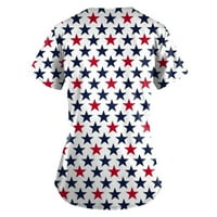 Sksloeg Scrub Pops for Women Clearance American Flag Star Print Patriotic Top Short Leade V-Neck Rishy Tee Toppy с джобове Сестринска работна униформа, бяла s