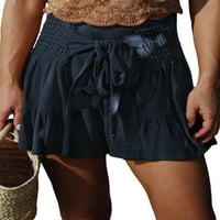 Grianlook жени къси горещи панталони с висока талия летни плажни къси панталони еластични талии мини панталони дами свободни дъна Хавай широк крак тъмно синьо s